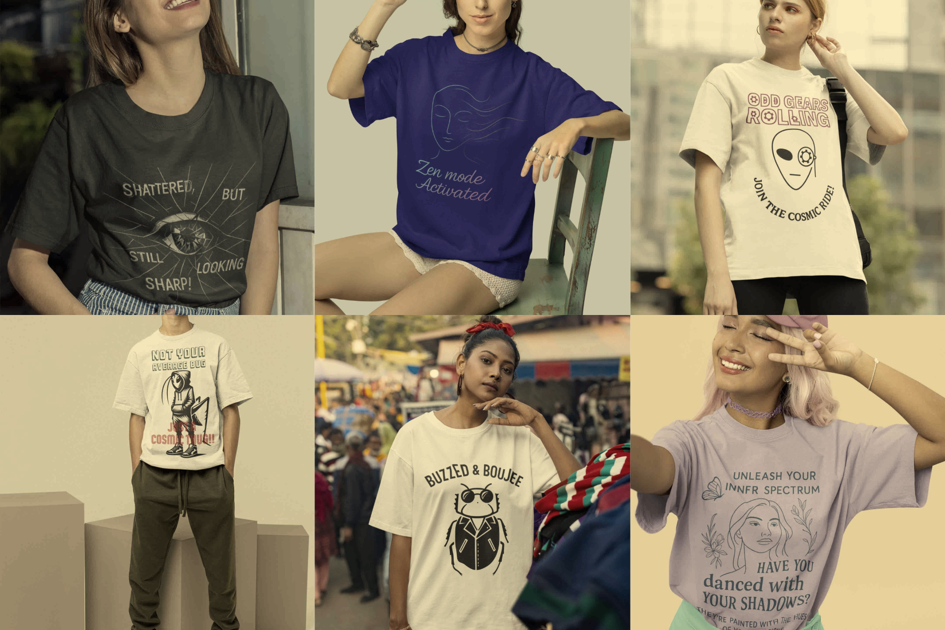 Collage of OddBall Wagon models wearing oversized graphic tees